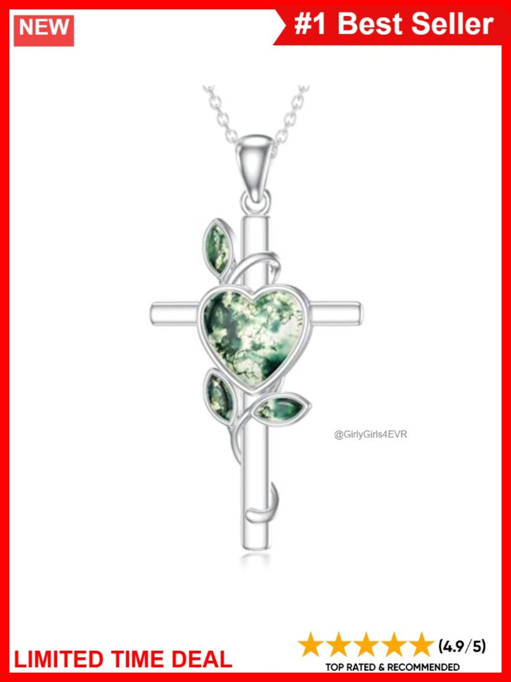925 Sterling Silver Cross Pendant Necklace Moss Agate 18-20 Inch Adjustable